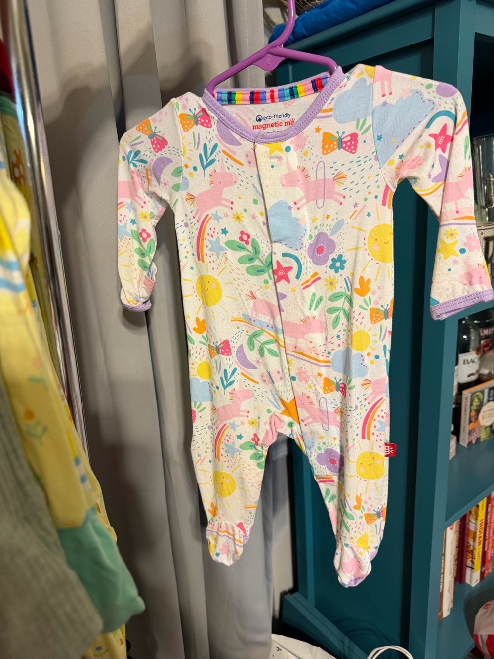 Magnetic Me Girls' White Rainbow & Unicorn Footed One-Piece—Sunny Day Vibes
